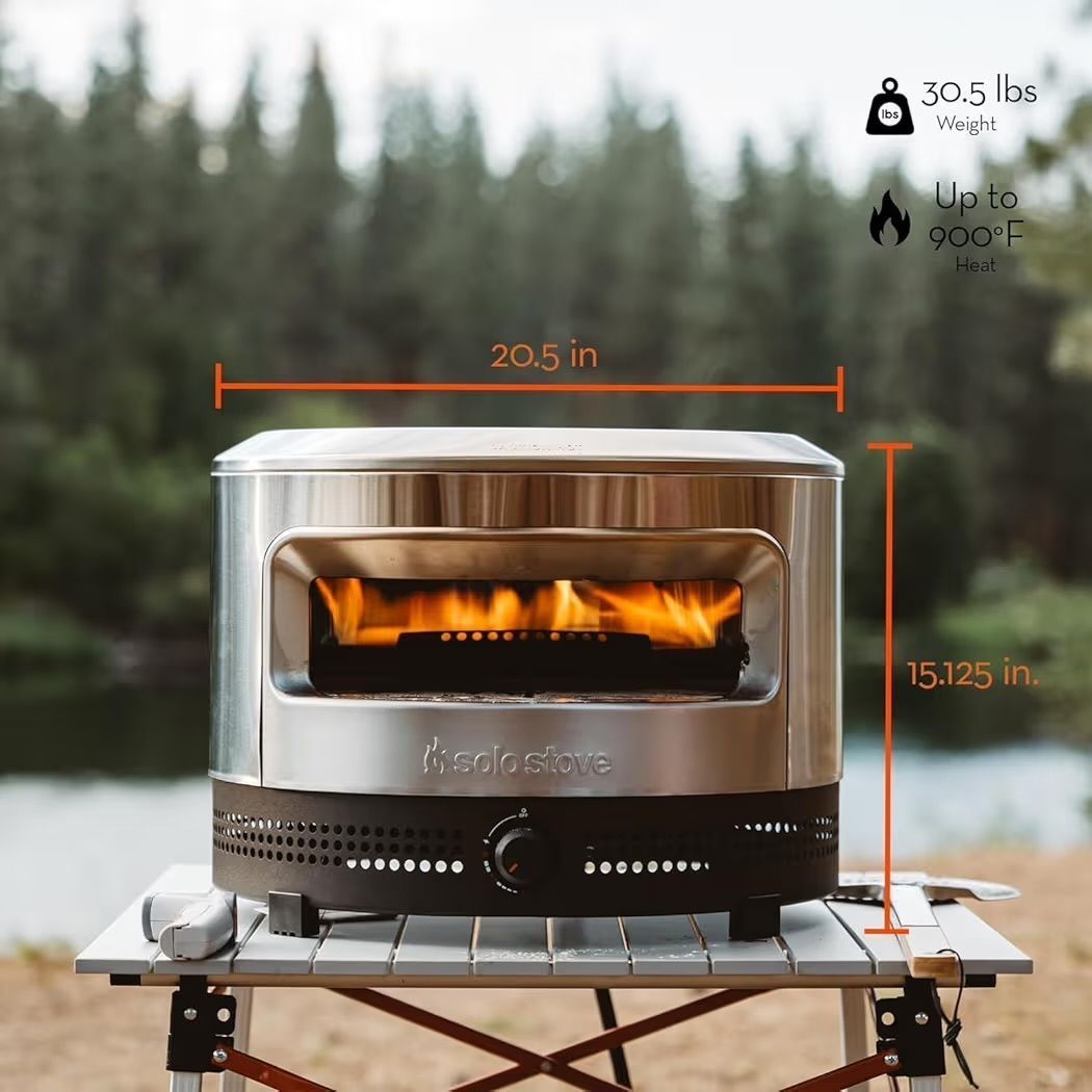 $450 Solo Stove Pi Prime 21" x 16" Stainless Steel Propane Outdoor Pizza Oven Bundle with IR Thermometer, Stainless Peel & Shelter – 12" Panoramic Ope