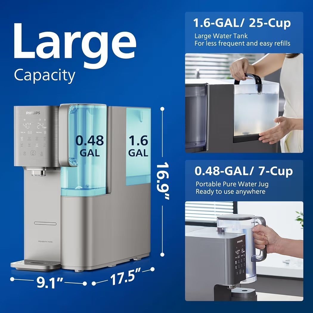 $629 PHILIPS Reverse Osmosis Water Filter Countertop ADD6928DG/37(Cold&Hot), 6-Stage Mineralization Filtration System with Aquaporin Tech, Large Capac
