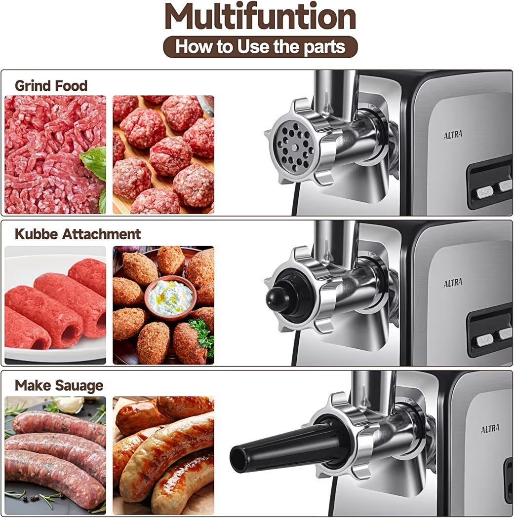 Meat Grinder, Sausage Stuffer, [2800W Max] Electric Meat Mincer with Stainless Steel Blades & 3 Grinding Plates,Sausage Maker & Kubbe Kit for Hom