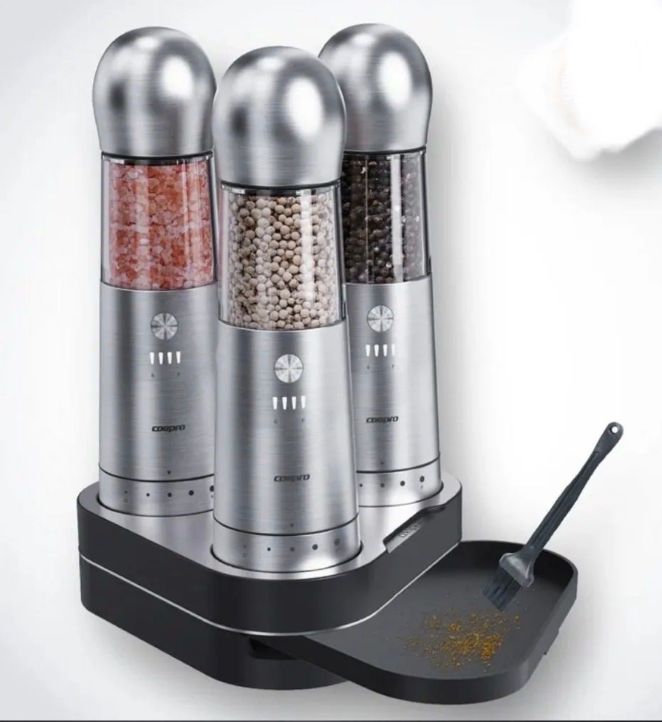 COSPRO 3-in-1 Wireless Charging Electric Salt and Pepper Grinder Set, Rechargeable Automatic Stainless Steel Spices Mill Set - One-Hand to Operate