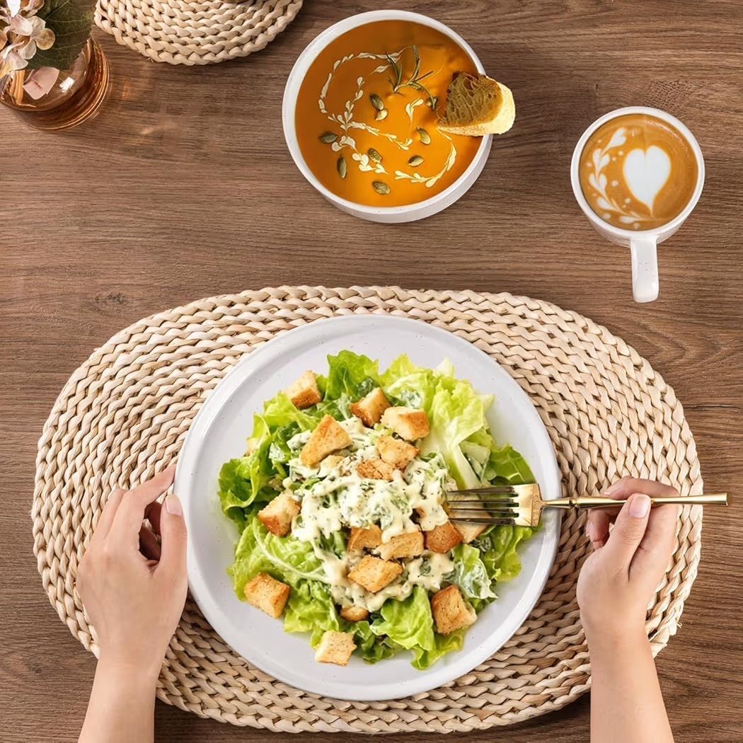 AmorArc Ceramic Dinnerware 12pc Set  | Speckled Stoneware Plates and Bowls with unglazed terracotta | Scratch Resistant, Dishwasher & Microwave