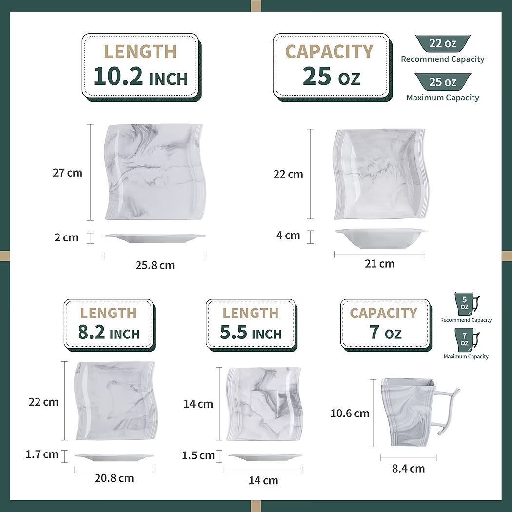 $255 MALACASA FLORA 30 Piece Marble Grey Square Dinnerware Sets Bundle With Blance Series 32 Piece Porcelain Marble Grey Dish Set