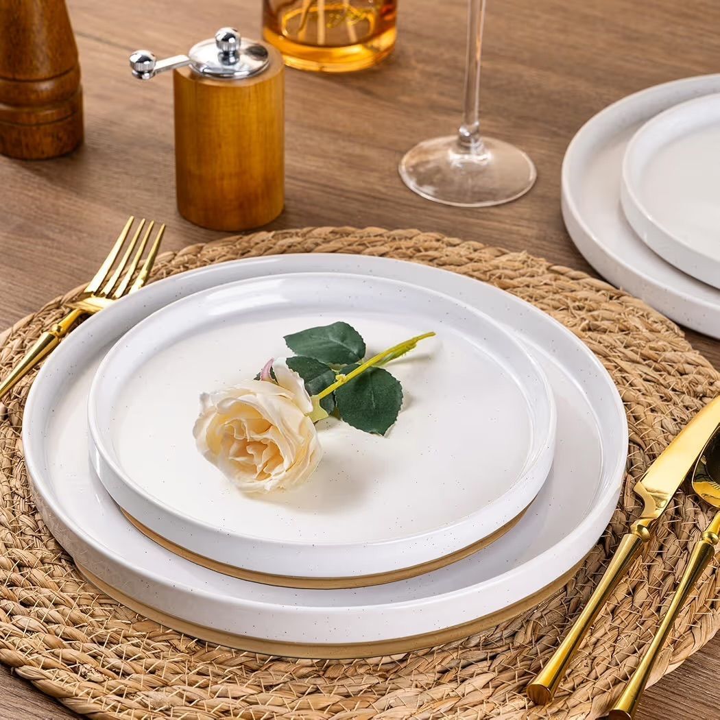 AmorArc Ceramic Dinnerware 12pc Set  | Speckled Stoneware Plates and Bowls with unglazed terracotta | Scratch Resistant, Dishwasher & Microwave