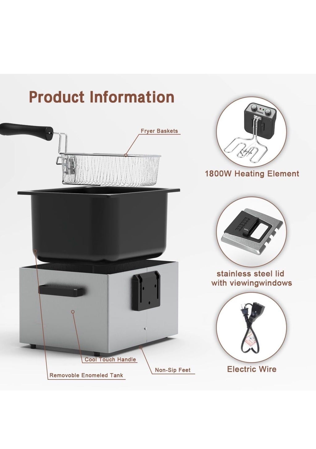 Vexon1800W 5 Liters/21 Cups Large Electric Deep Fryer with 3 Frying Baskets for Home Use