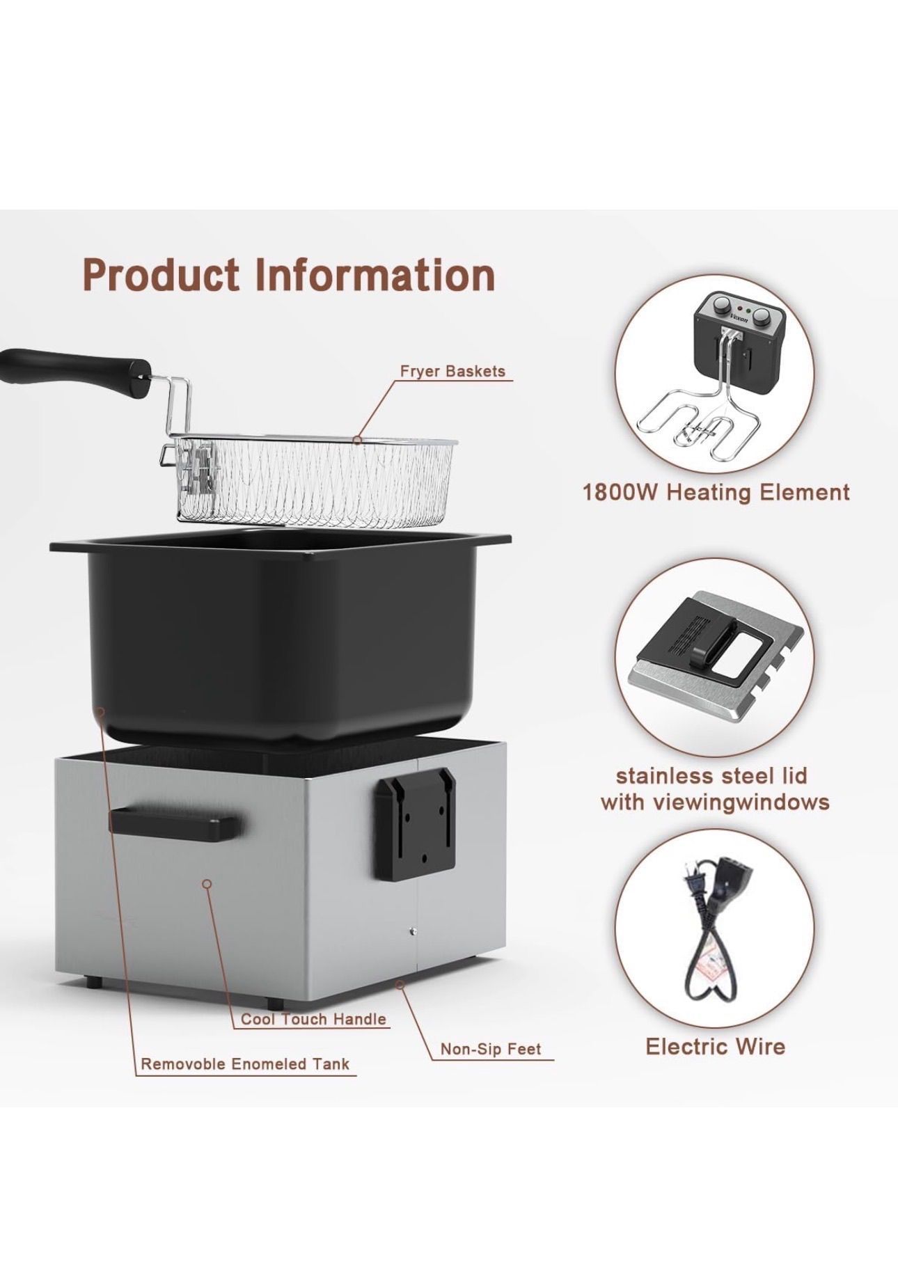 Vexon1800W 5 Liters/21 Cups Large Electric Deep Fryer with 3 Frying Baskets for Home Use