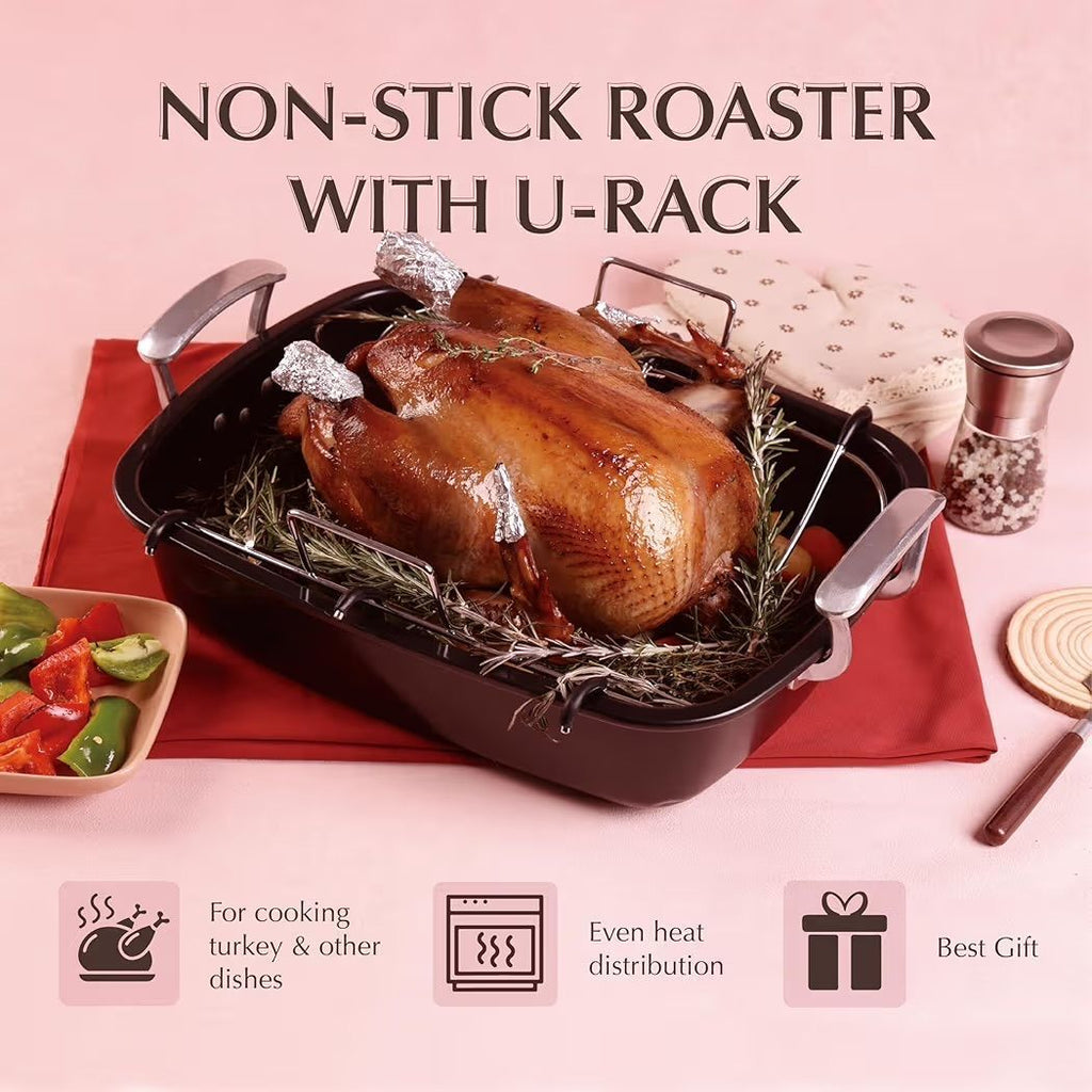 Uukrave Turkey Roasting Pan with Rack (U-Shaped), Extra Large 18.5 x 14.7 Inch Nonstick Roaster Pan for 25 lb Turkey or Chicken, Deep Oven Tray with W