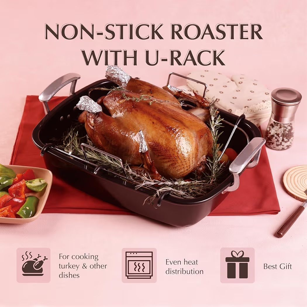 Uukrave Turkey Roasting Pan with Rack (U-Shaped), Extra Large 18.5 x 14.7 Inch Nonstick Roaster Pan for 25 lb Turkey or Chicken, Deep Oven Tray with W