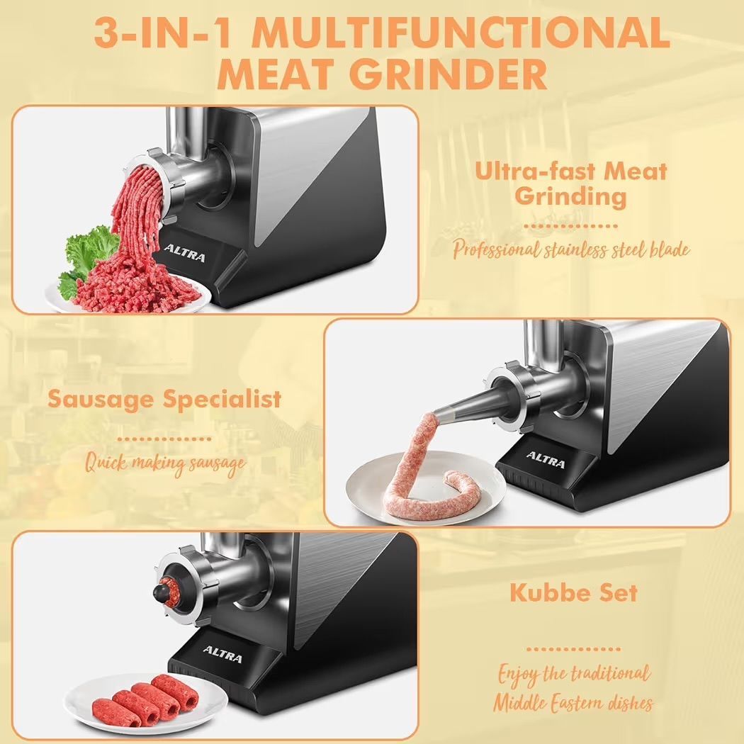 ALTRA LIFE Meat Grinder, [3200W Max] Electric Heavy Duty Sausage Stuff with 2 Stainless Steel Blades and 3 Grindin