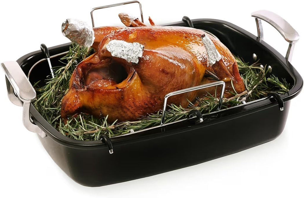 Uukrave Turkey Roasting Pan with Rack (U-Shaped), Extra Large 18.5 x 14.7 Inch Nonstick Roaster Pan for 25 lb Turkey or Chicken, Deep Oven Tray with W