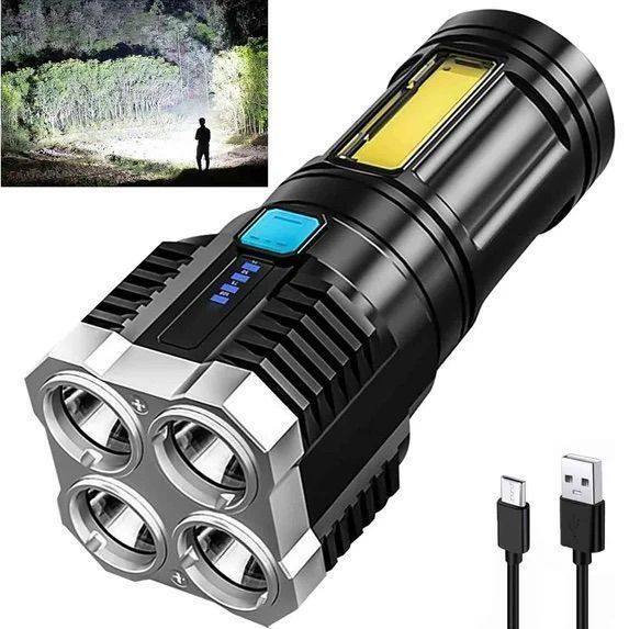 Quad Core LED Flashlight USB Rechargeable Long Range Portable Outdoor Light COB Side Floodlight Emergency Camping Hiking Tool