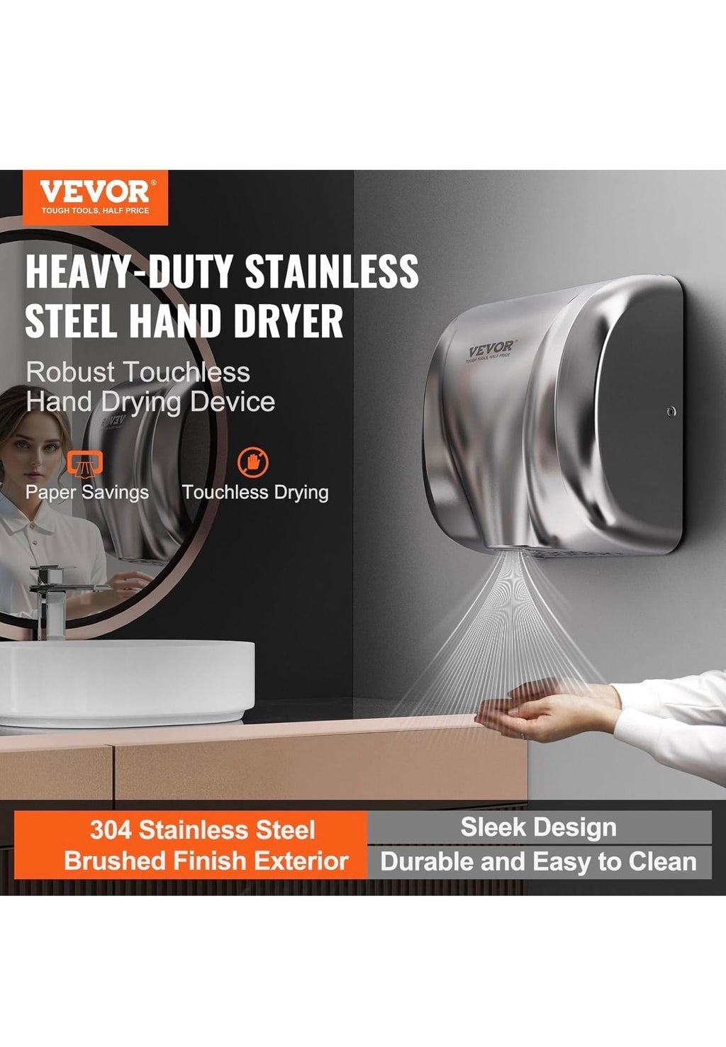 VEVOR Heavy Duty Commercial Hand Dryer, 1300W Automatic High Speed Stainless Steel Warm Wind Hand Blower