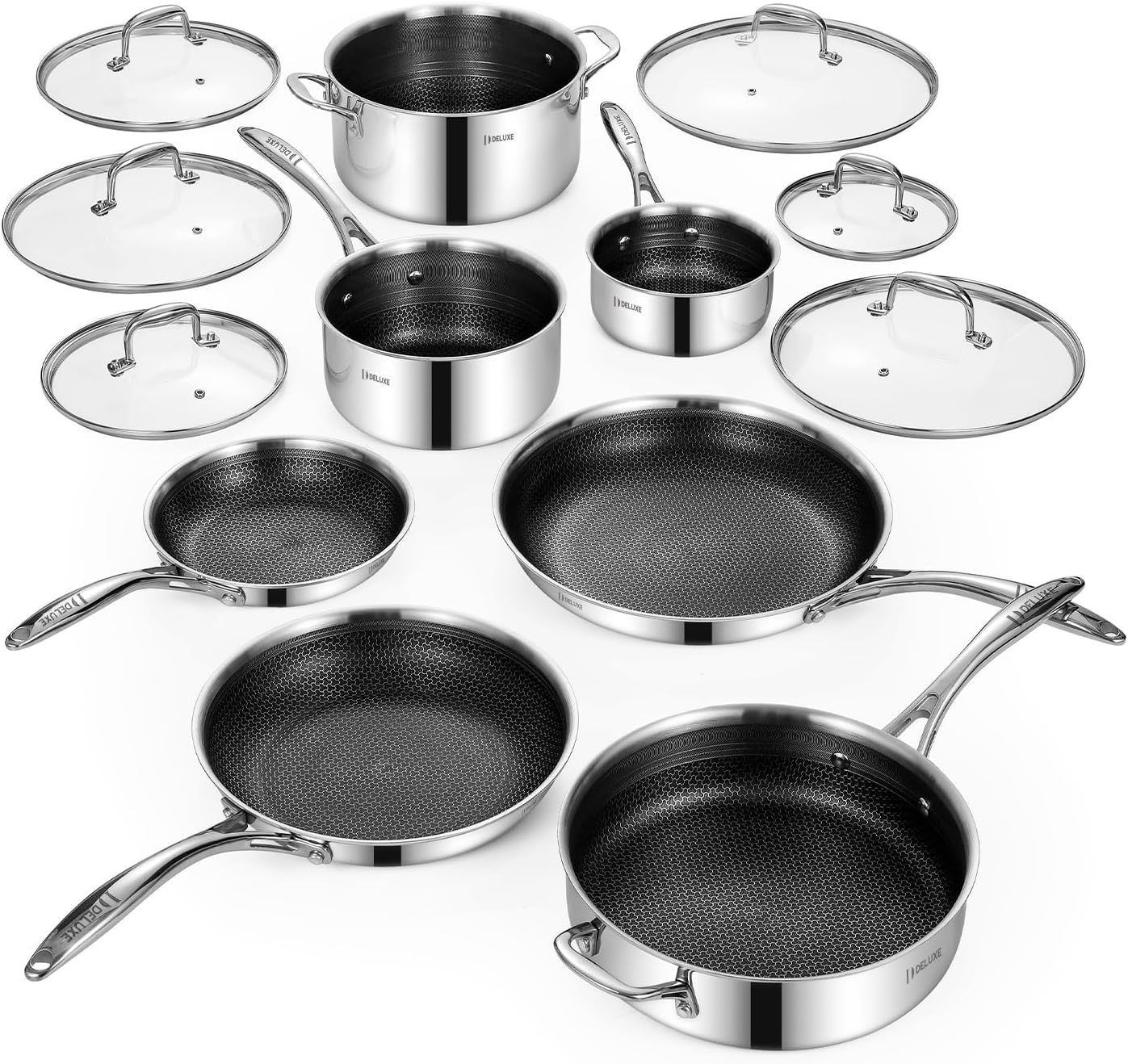$999 Deluxe 13 Piece Hybrid Ceramic Nonstick Stainless Steel Cookware Set-5 Piece Frying Pan Set, 6 PC Pot Set, 3.7QT Deep Sauté Pan&Lid