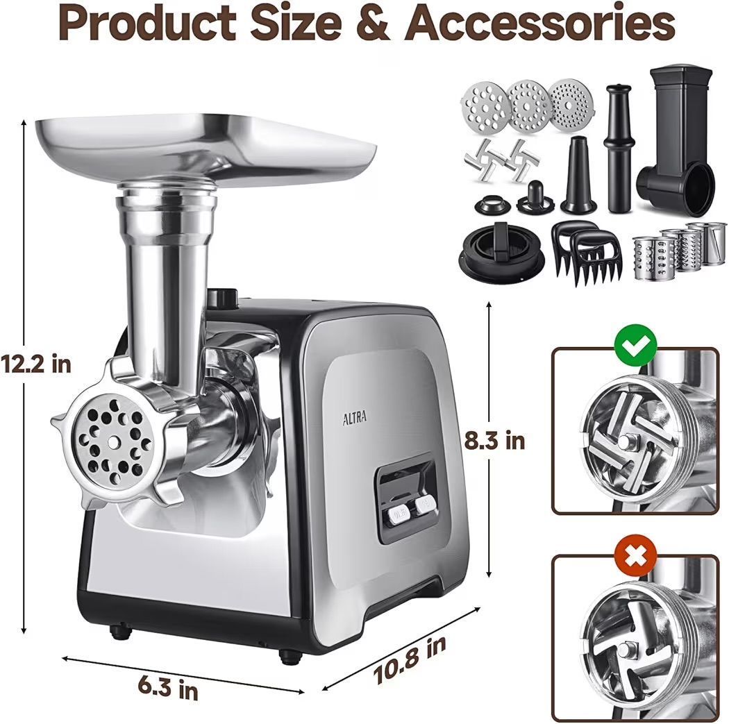 Meat Grinder, Sausage Stuffer, [2800W Max] Electric Meat Mincer with Stainless Steel Blades & 3 Grinding Plates,Sausage Maker & Kubbe Kit for Hom
