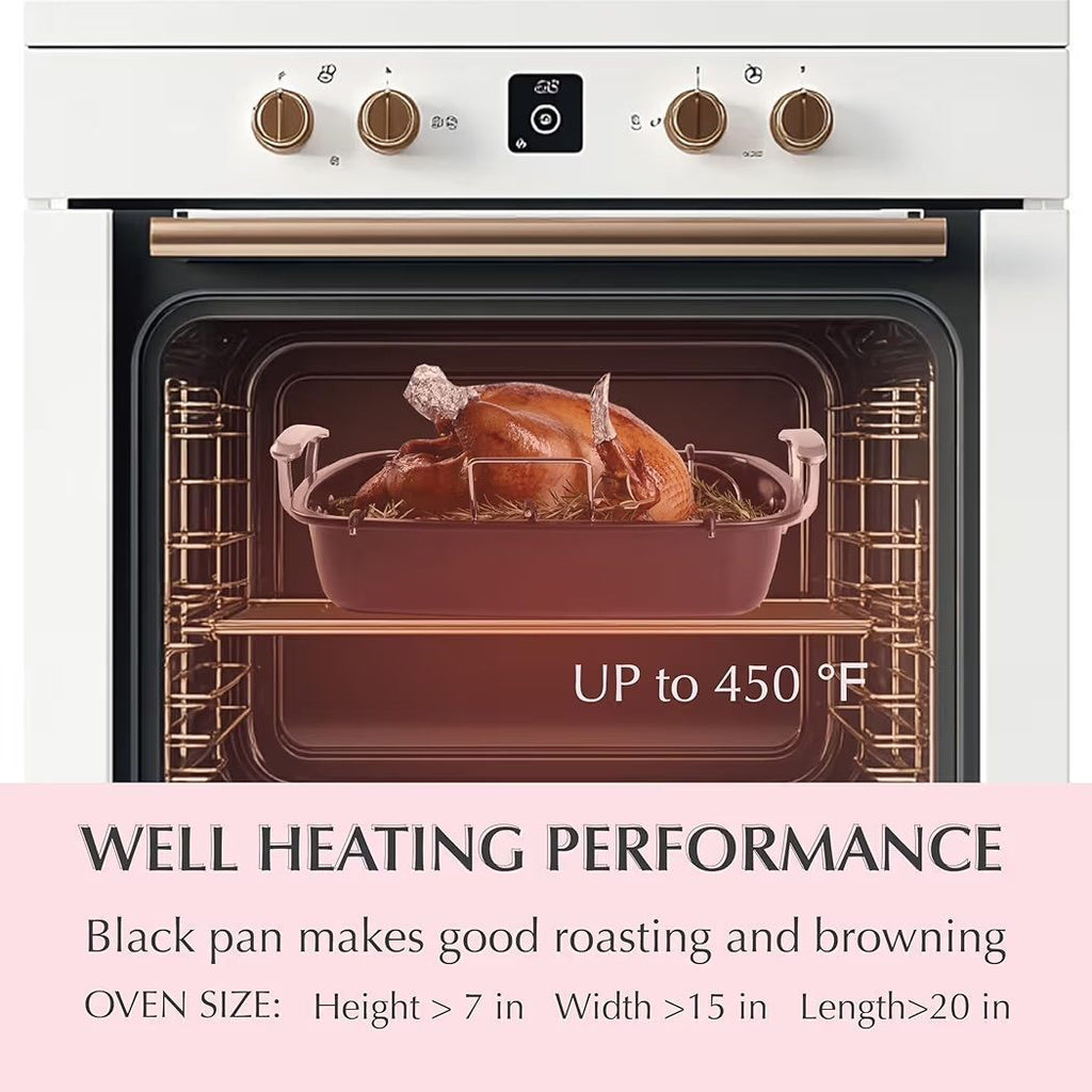 Uukrave Turkey Roasting Pan with Rack (U-Shaped), Extra Large 18.5 x 14.7 Inch Nonstick Roaster Pan for 25 lb Turkey or Chicken, Deep Oven Tray with W