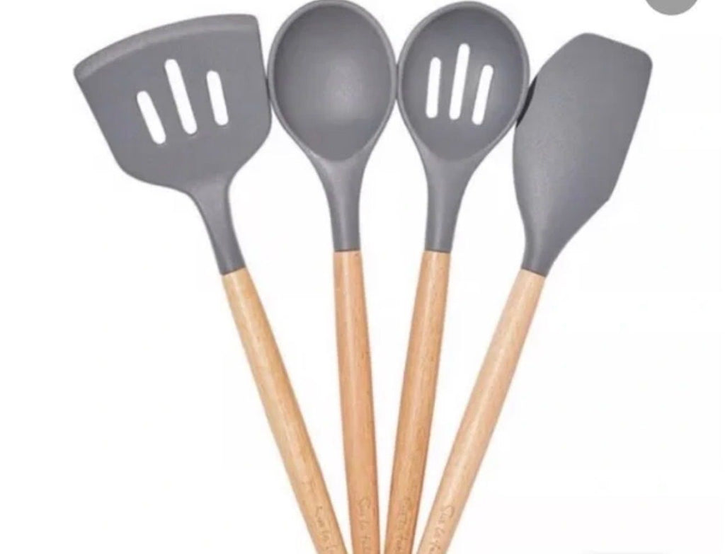 Sur La Table 4-Piece Silicone Utensil Set - Grey Food Grade Silicone Wood Handle