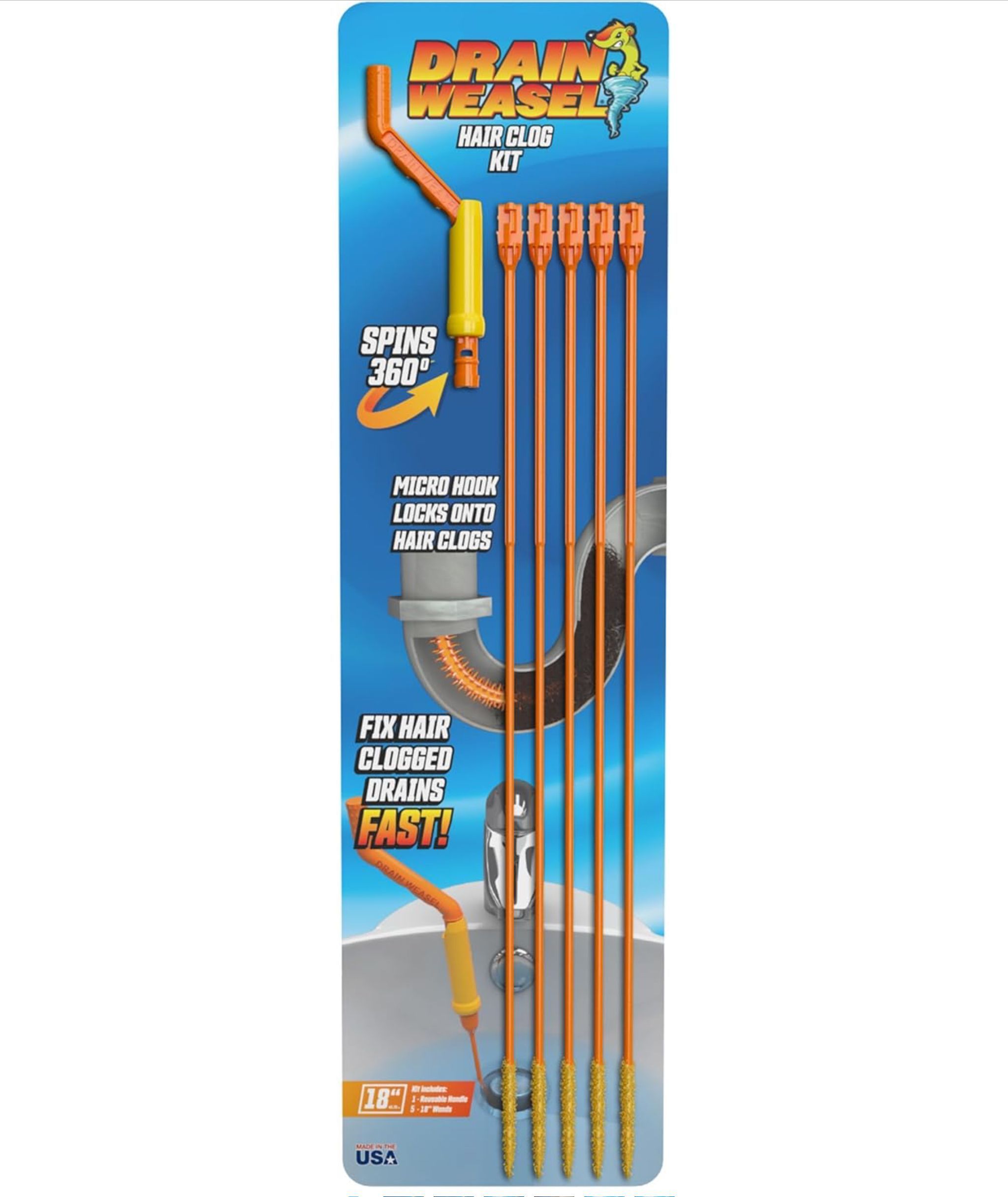 FlexiSnake Drain Weasel Sink Snake Hair Clog Remover Tool, Pipe, Bathroom, Bathtub Cleaner, 18-inch