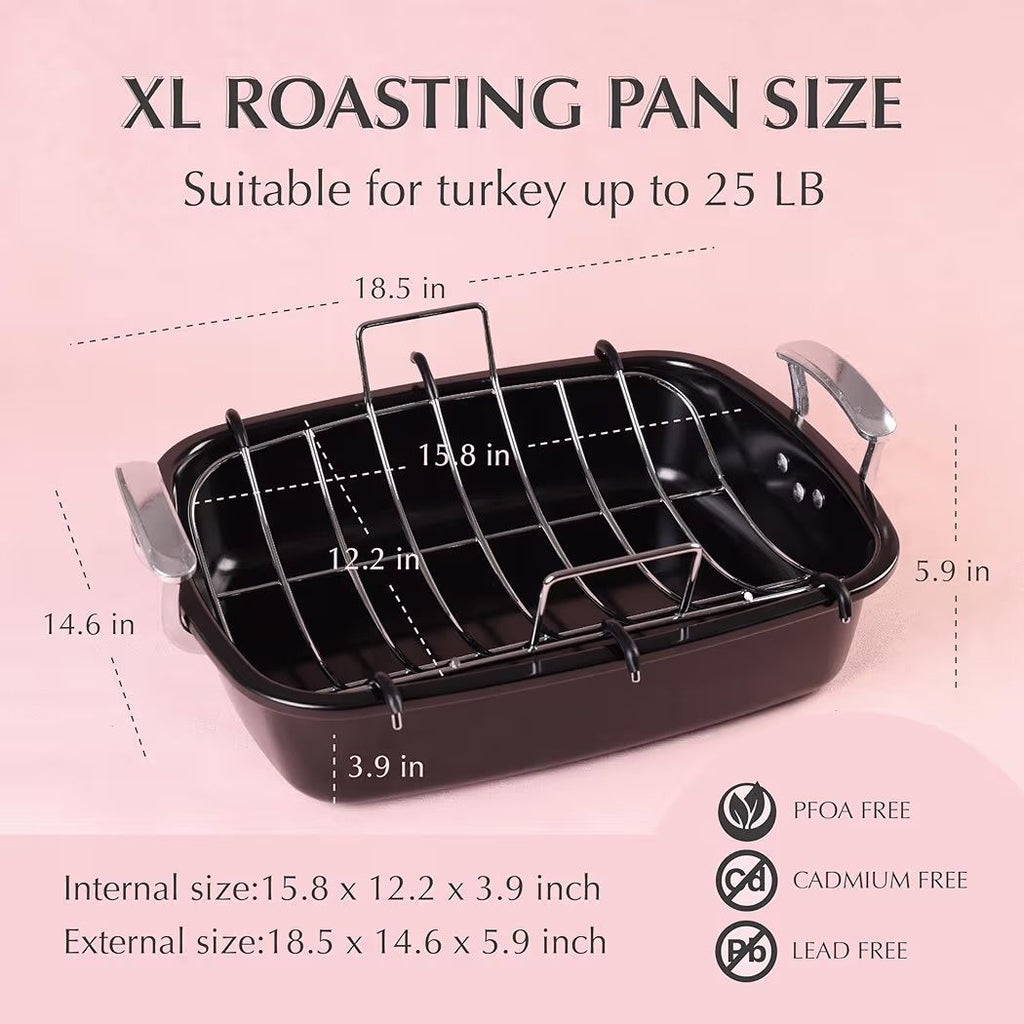 Uukrave Turkey Roasting Pan with Rack (U-Shaped), Extra Large 18.5 x 14.7 Inch Nonstick Roaster Pan for 25 lb Turkey or Chicken, Deep Oven Tray with W