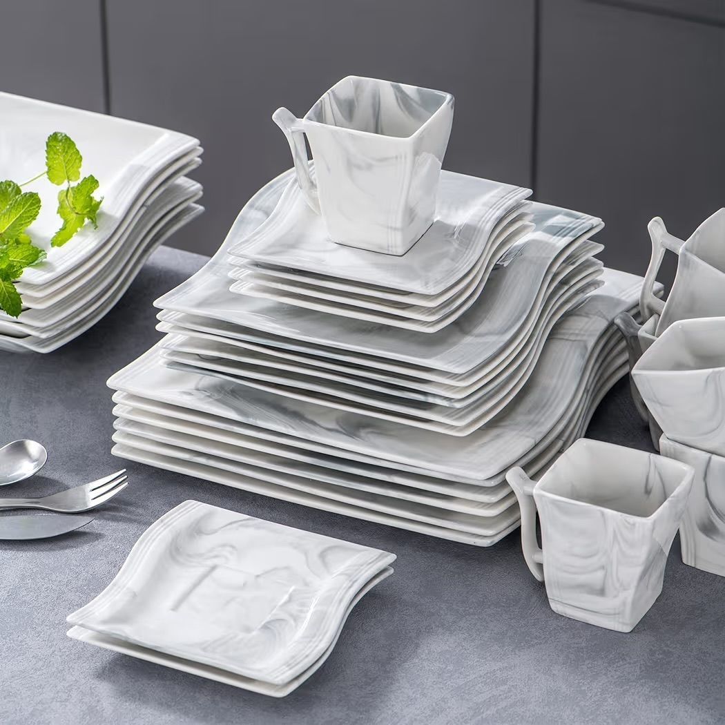 $255 MALACASA FLORA 30 Piece Marble Grey Square Dinnerware Sets Bundle With Blance Series 32 Piece Porcelain Marble Grey Dish Set