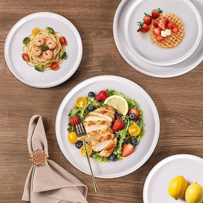AmorArc Ceramic Dinnerware 12pc Set  | Speckled Stoneware Plates and Bowls with unglazed terracotta | Scratch Resistant, Dishwasher & Microwave
