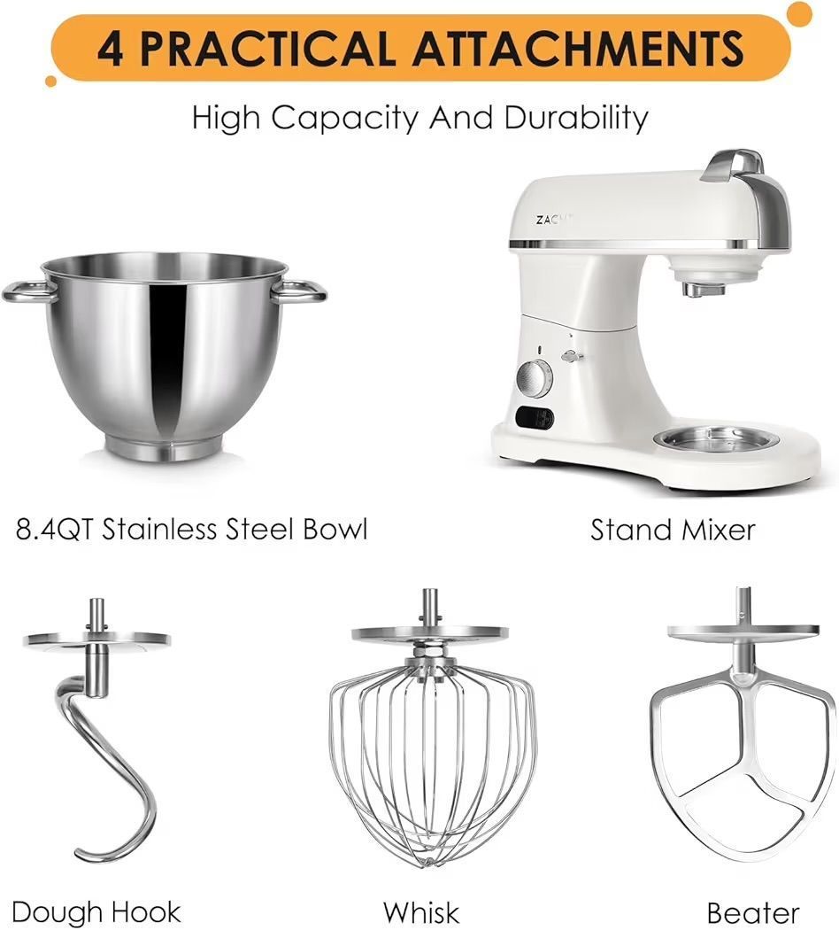 ZACME 8.4QT Commercial Stand Mixer 800W with Aluminum Die Casting Meets the Standard of NSF/ANSI 8-2023, Mixers Kitchen Electric Stand Mixer