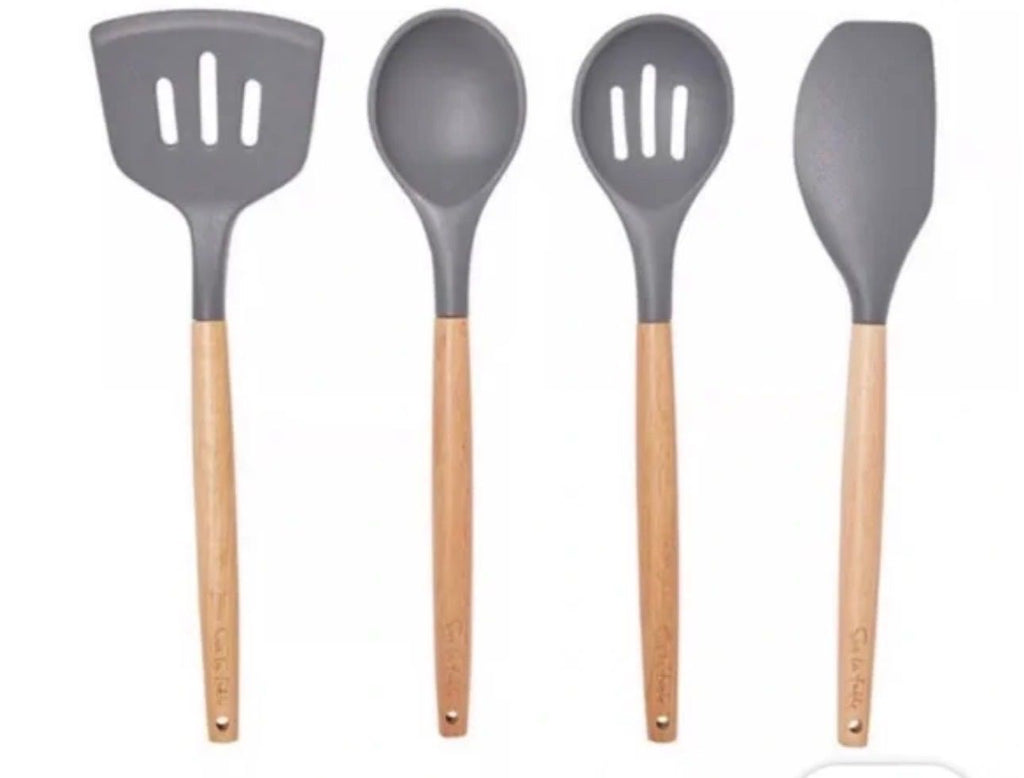Sur La Table 4-Piece Silicone Utensil Set - Grey Food Grade Silicone Wood Handle
