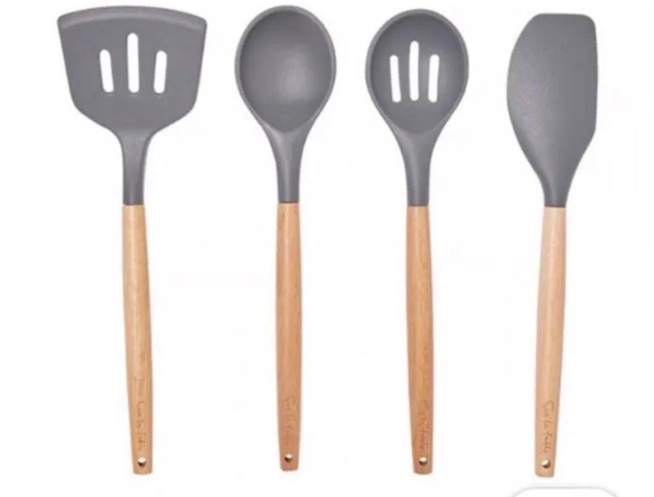 Sur La Table 4-Piece Silicone Utensil Set - Grey Food Grade Silicone Wood Handle