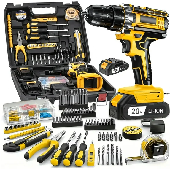 136pcs Electric Drill Tool Box Set | Electric Drill Cordless Set Rechargeable, Equipped with 2 Battery, Cordless Drill Driver with Hand Tools