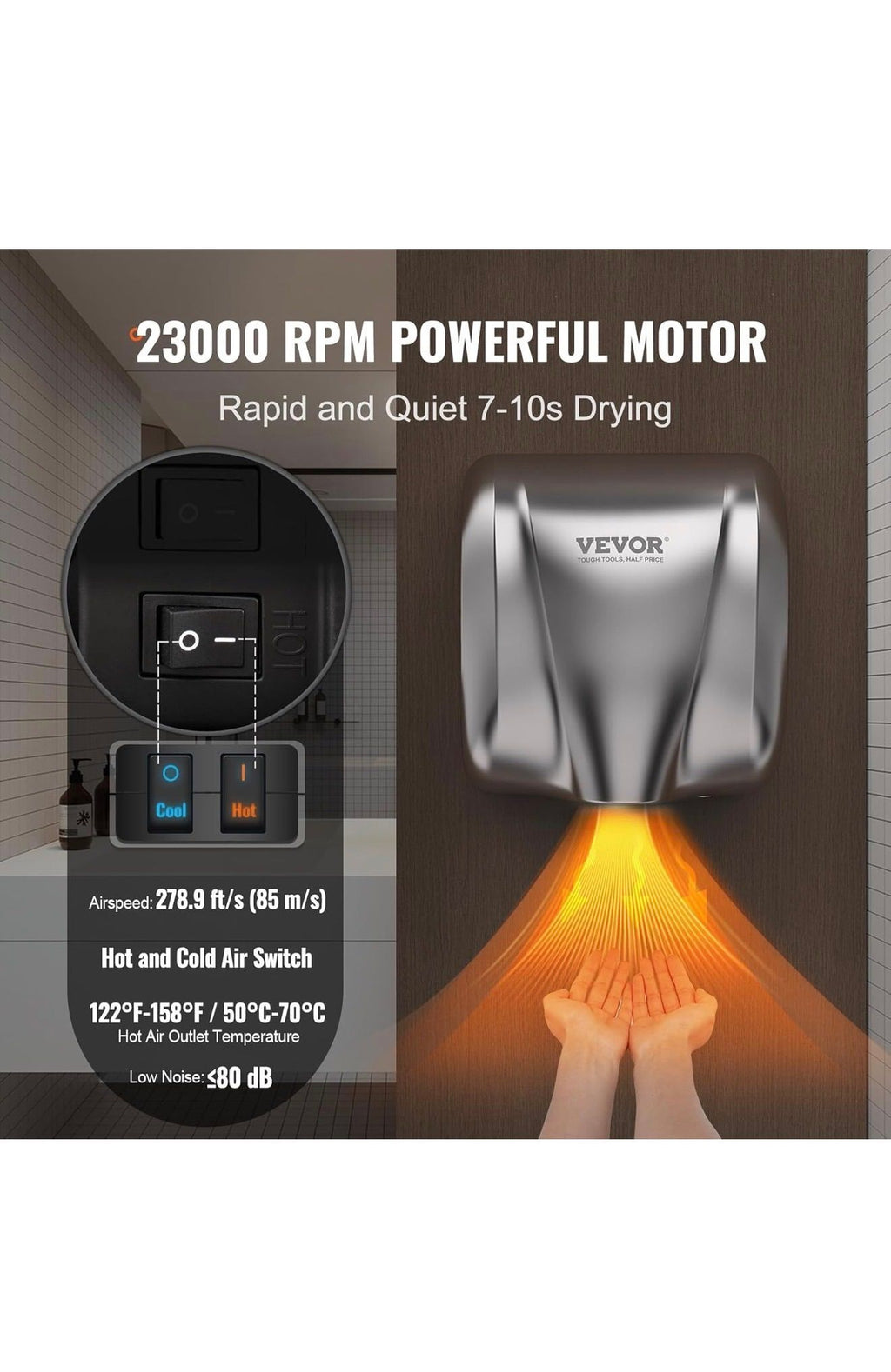 VEVOR Heavy Duty Commercial Hand Dryer, 1300W Automatic High Speed Stainless Steel Warm Wind Hand Blower
