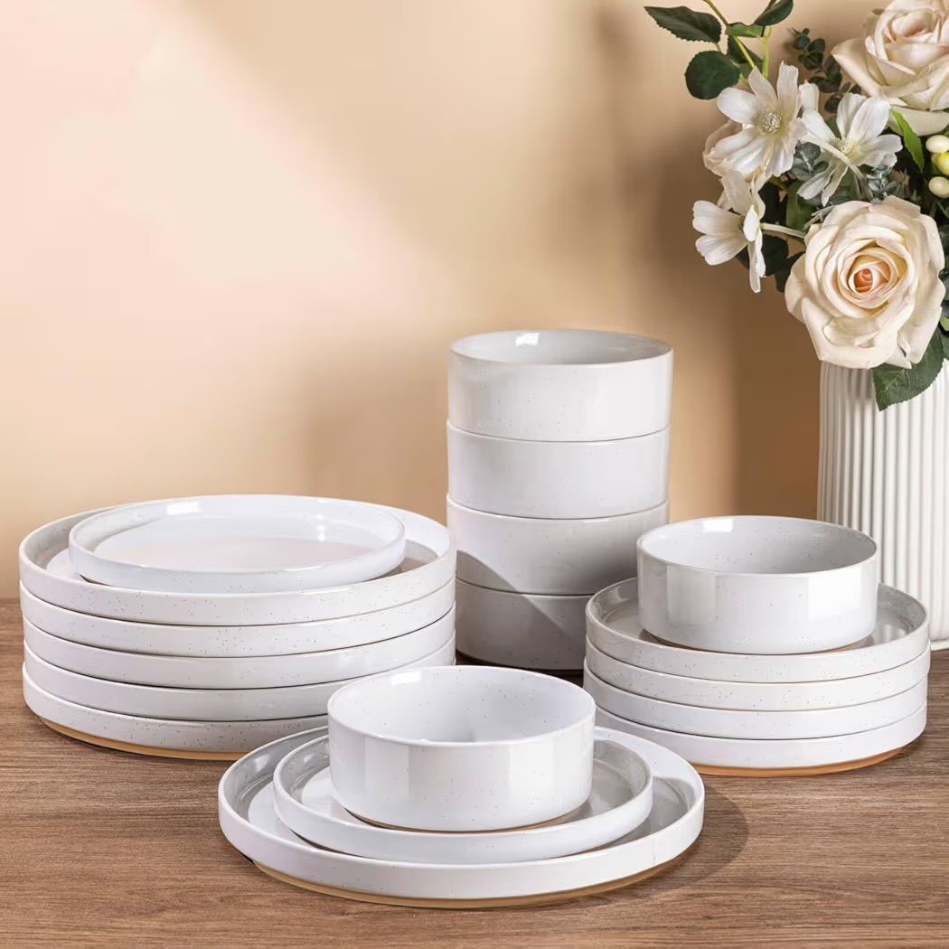 AmorArc Ceramic Dinnerware 12pc Set  | Speckled Stoneware Plates and Bowls with unglazed terracotta | Scratch Resistant, Dishwasher & Microwave