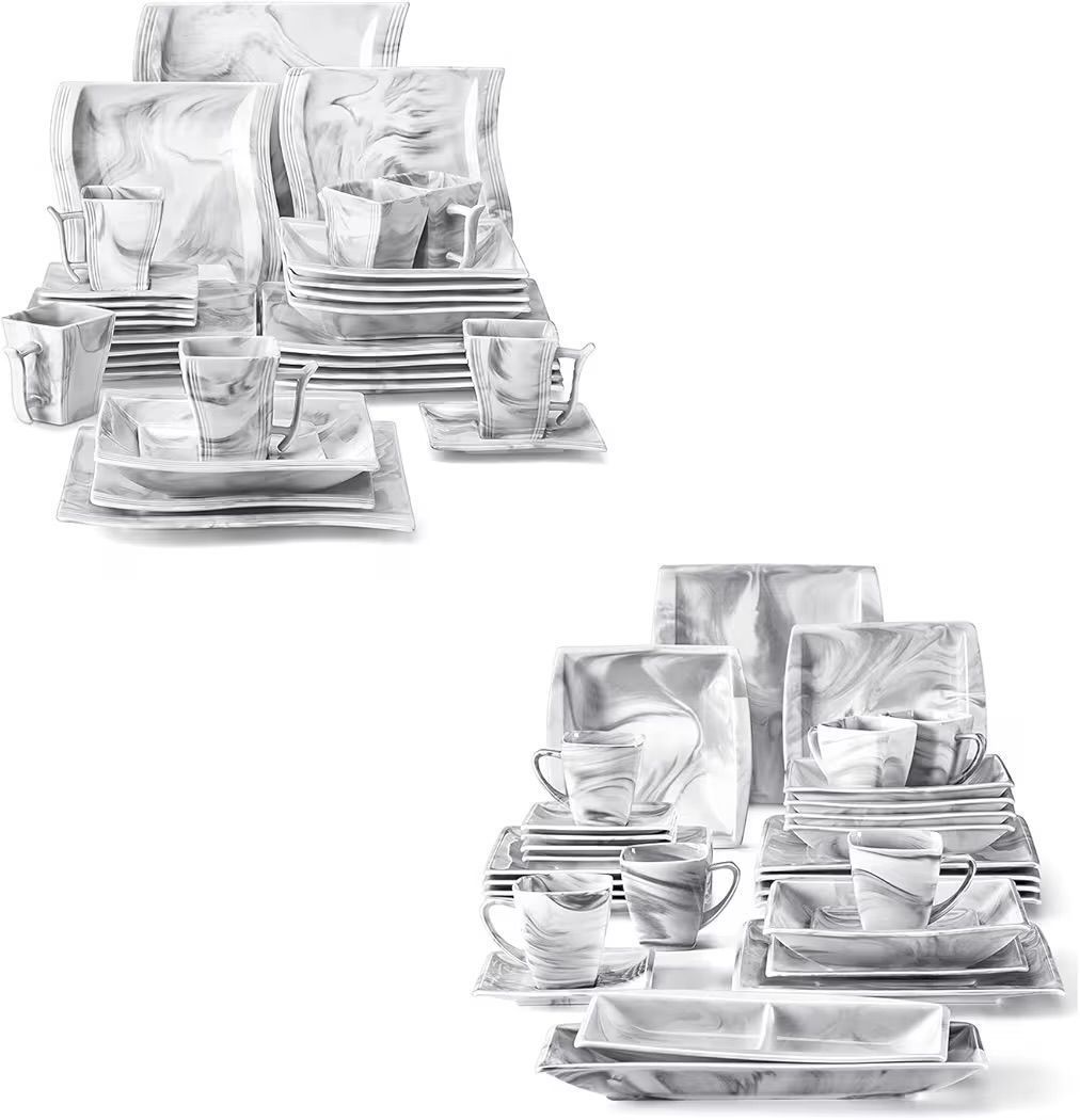 $255 MALACASA FLORA 30 Piece Marble Grey Square Dinnerware Sets Bundle With Blance Series 32 Piece Porcelain Marble Grey Dish Set