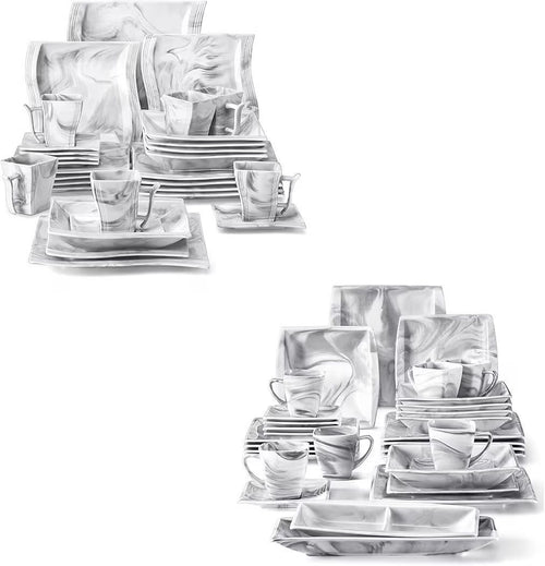 $255 MALACASA FLORA 30 Piece Marble Grey Square Dinnerware Sets Bundle With Blance Series 32 Piece Porcelain Marble Grey Dish Set