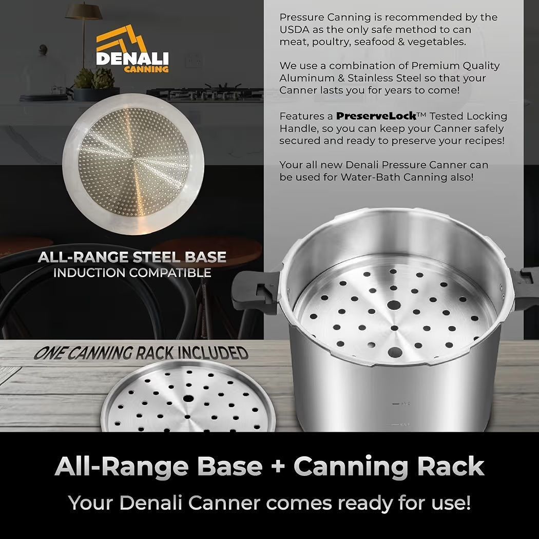 $150 THE TANKER by Denali Canning - 23 Quart Beginner Friendly Pressure Canner & Cooker | Induction Compatible | Pressure Gauge, 15lb & 10lb Weights |