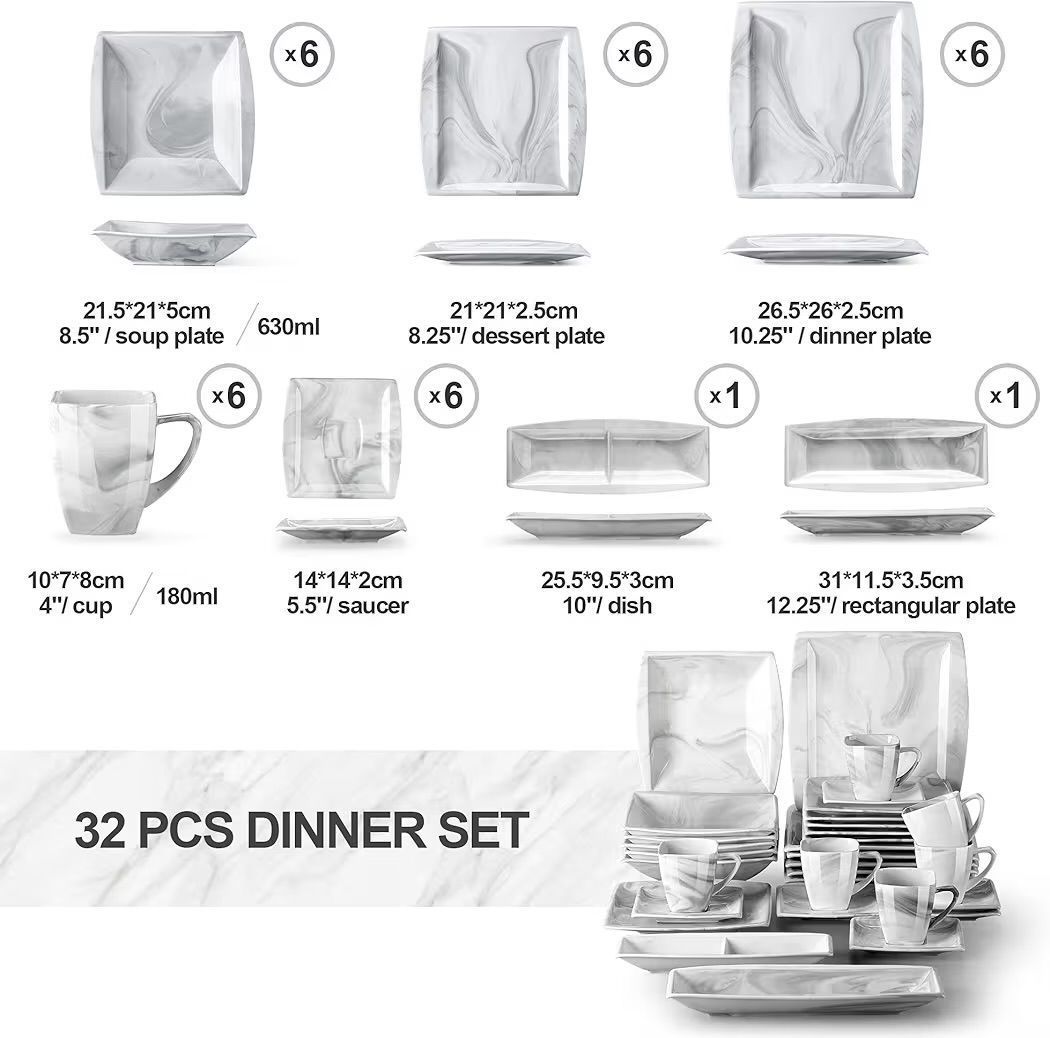 $255 MALACASA FLORA 30 Piece Marble Grey Square Dinnerware Sets Bundle With Blance Series 32 Piece Porcelain Marble Grey Dish Set