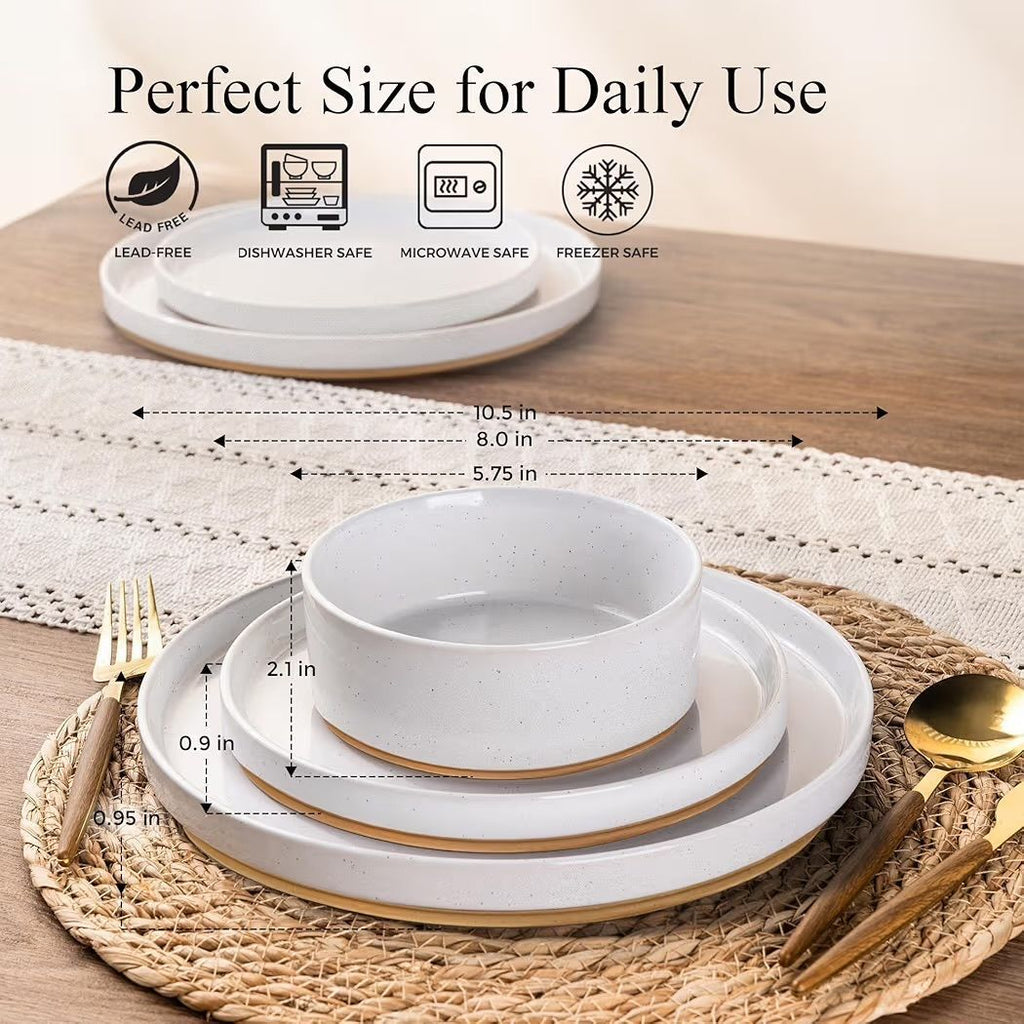 AmorArc Ceramic Dinnerware 12pc Set  | Speckled Stoneware Plates and Bowls with unglazed terracotta | Scratch Resistant, Dishwasher & Microwave