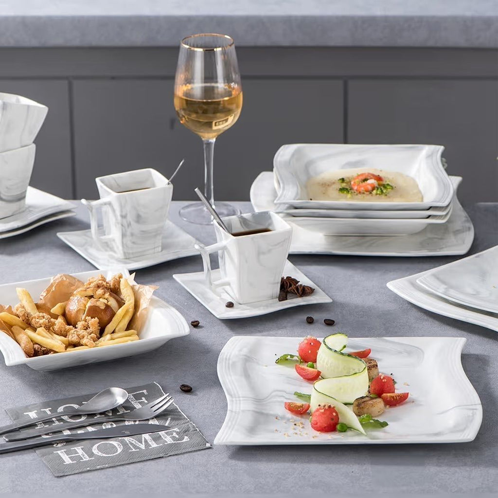 $255 MALACASA FLORA 30 Piece Marble Grey Square Dinnerware Sets Bundle With Blance Series 32 Piece Porcelain Marble Grey Dish Set