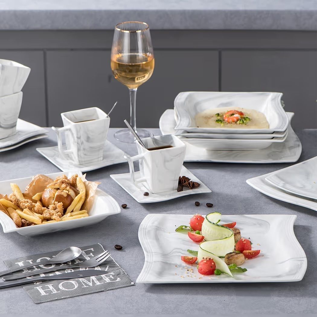 $255 MALACASA FLORA 30 Piece Marble Grey Square Dinnerware Sets Bundle With Blance Series 32 Piece Porcelain Marble Grey Dish Set