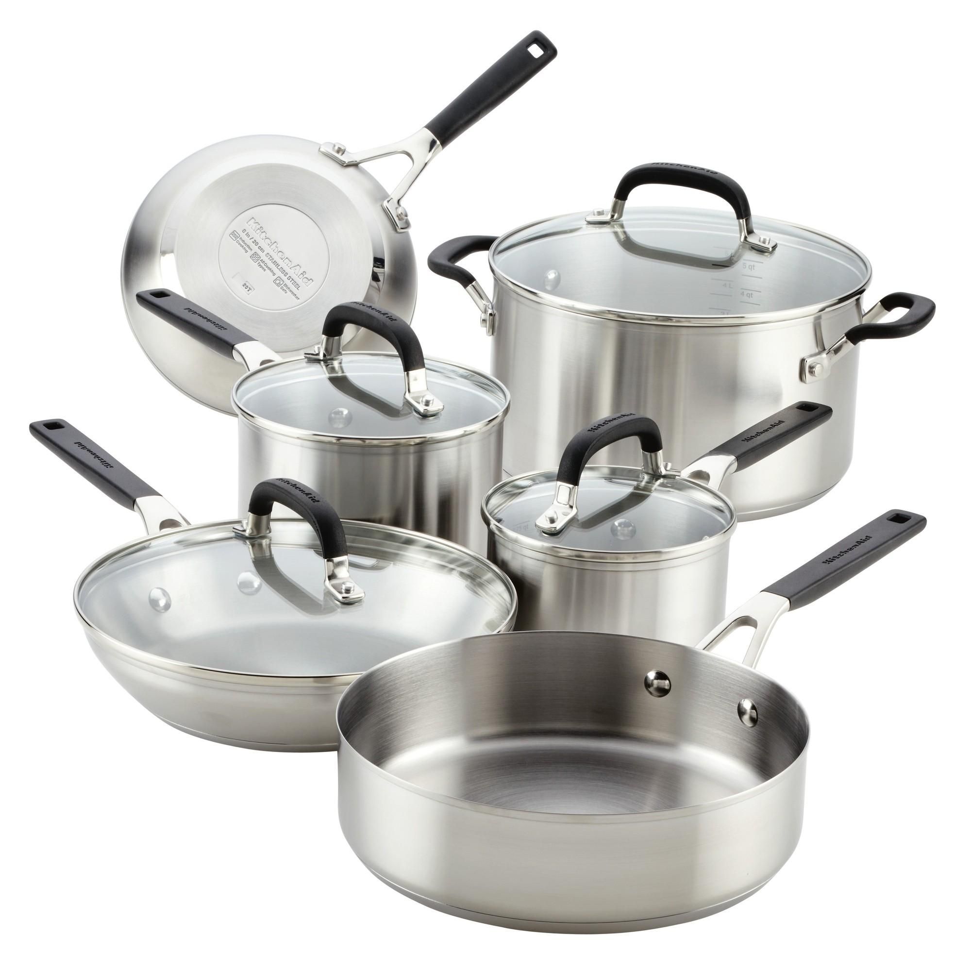 KitchenAid Stainless Steel 10 Pcs Cookware Set Induction Compatible  Metal Utensil and Dishwasher Safe  Brushed Stainless Steel