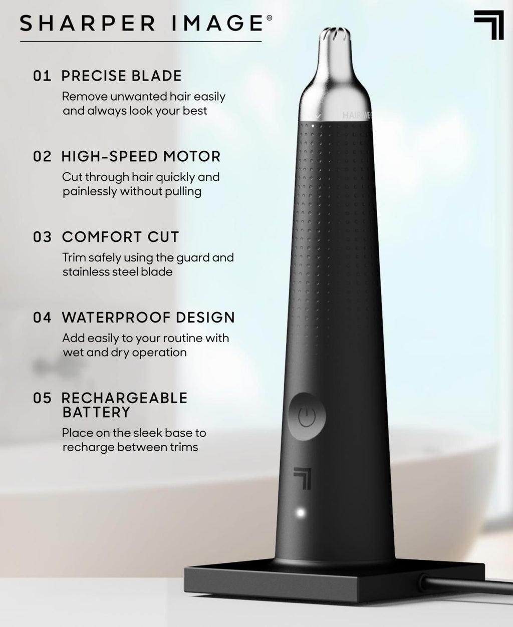 Sharper Image Cordless Water-Resistant Nose + Ear Trimmer - Black